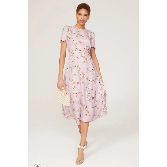 LK Bennett Boyd Dress Floral Cherry Print Midi Silk Short Sleeve Lilac Sz 12 US - Picture 1 of 12